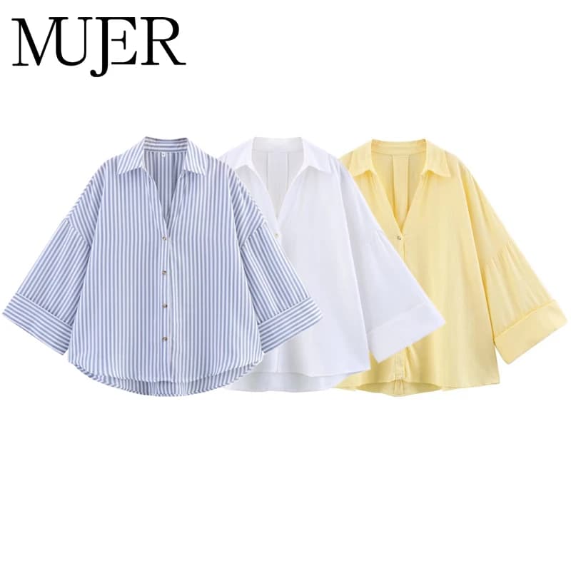 MUJER Striped Women's Shirt White Loose Casual Shirts for Women Summer Button up Shirts and Blouses Woman Wide Sleeve Ladies Top