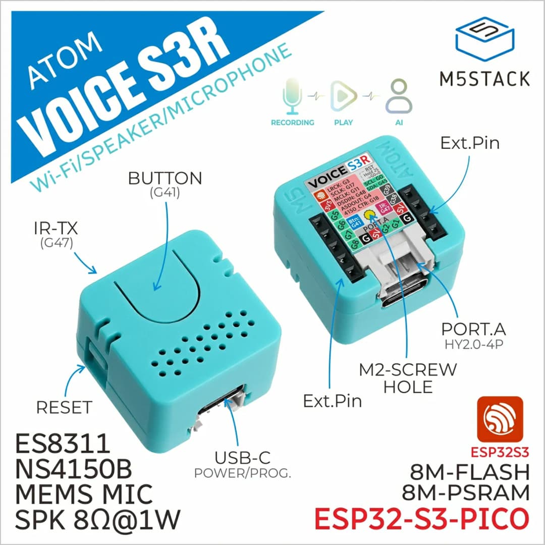 مجموعة تطوير مكبر الصوت الذكي M5Stack ATOM VoiceS3R لمساعد المنزل للتحكم الصوتي القابل للبرمجة وحدة تحكم تفاعل إنترنت الأشياء