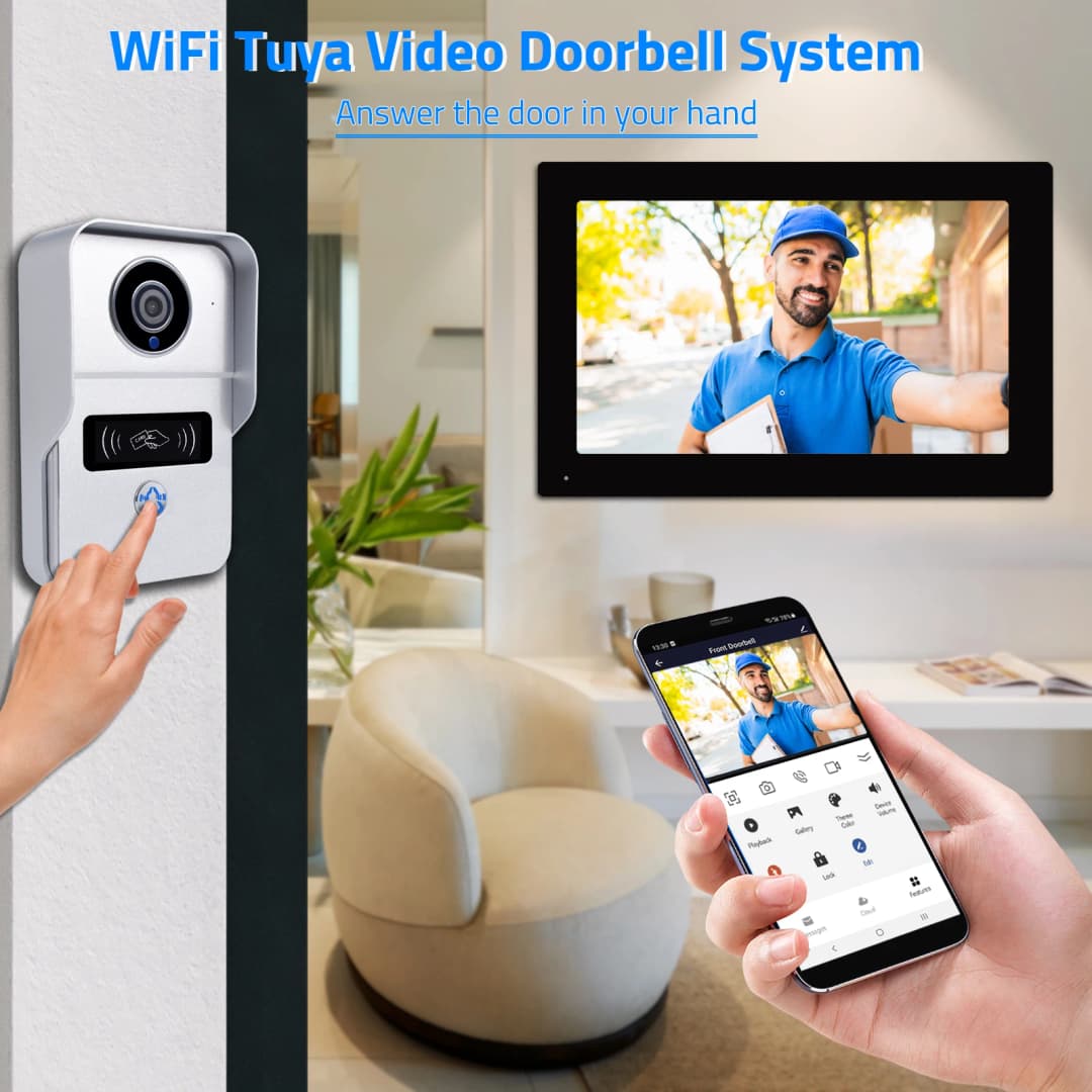 Wireless Wifi Video Doorbell System, 1080P Doorphone Door Camera, 7 Inch Touch Screen, Video Intercom 32GB card for Home 4 Wire - 2