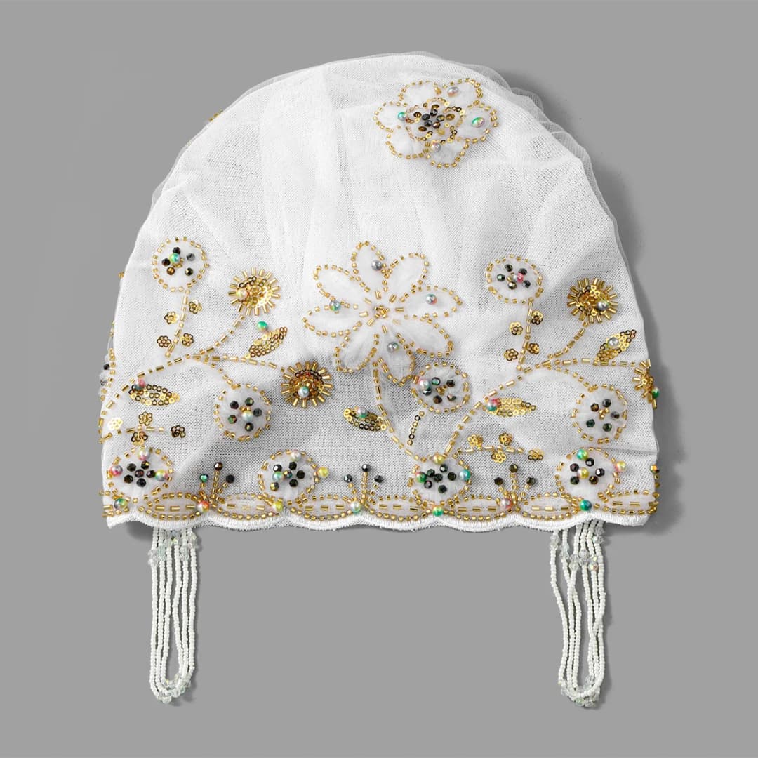 Muslim Lace Pearls Hat Caps Mesh Fabric Bead Tube Paired With An Acrylic Diamond Thread Embroidered Hat For Dubai Arabian Women - 5