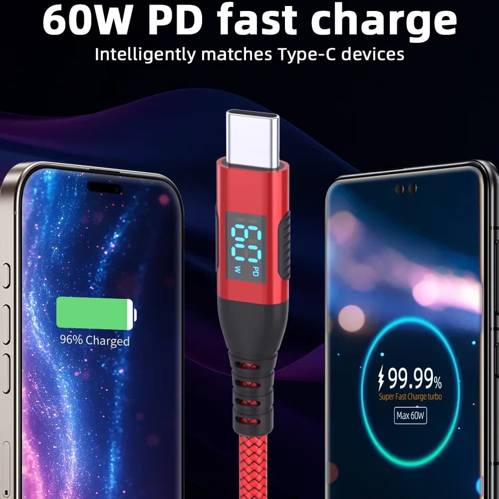High quality 1PC USB To Type C Cable 60W Fast Charging Charger Wire LED display For Xiaomi Samsung Laptop USB C Cord 1M 2M 3M - 6