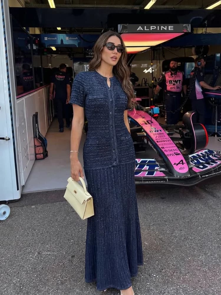 Elegant French Sequin Knit Maxi Dress Women Round Neck Cinched Waist Short Sleeve Button Detail Robe Summer Party Evening Gown - 4