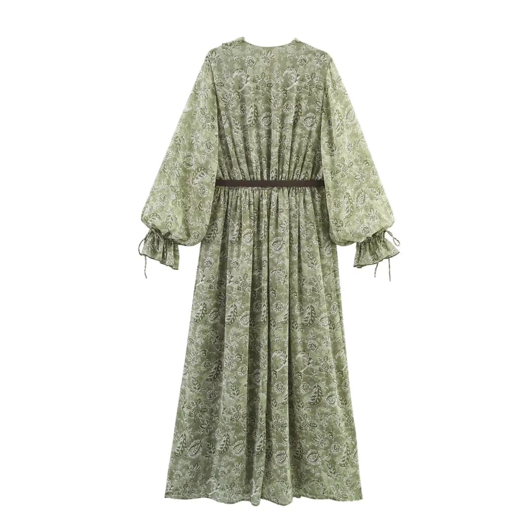 Spring New Arrival Women's Long Sleeve Print V-neck Dress Belted Layered Decoration Elegant A-line Skirt for All Seasons - 2