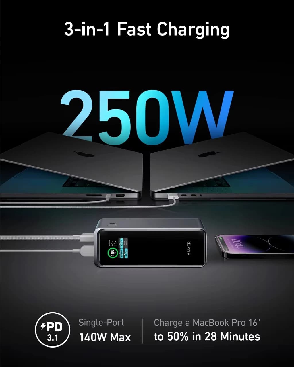 Anker Prime Power Bank 27650mAh 3-Port 250W Portable Charger 99.54Wh Spare Battery Portable Power Bank Large Capacity iPhone 17 - 3