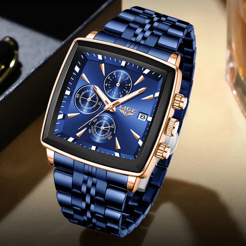 ساعات LIGE الفاخرة للرجال، ساعة كرونوغراف عسكرية مربعة، ساعة يد كوارتز رياضية مقاومة للماء - 4