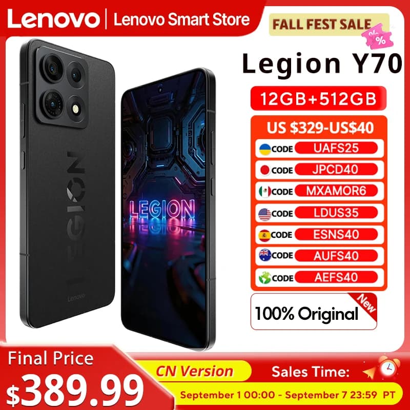 هاتف الألعاب Lenovo Legion Y70 2026، نسخة صينية، معالج Snapdragon 8 Gen 5، شاشة 6.82 بوصة بمعدل تحديث 144 هرتز، بطارية 8000 مللي أمبير، شحن 90 واط