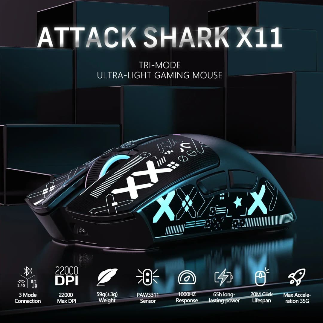 ماوس ألعاب لاسلكي ATTACK SHARK X11 مع قاعدة شحن PixArt PAW3311 بلوتوث/2.4G لاسلكي/سلكي مستشعر ألعاب هدية ملصق مقاوم للانزلاق - 3