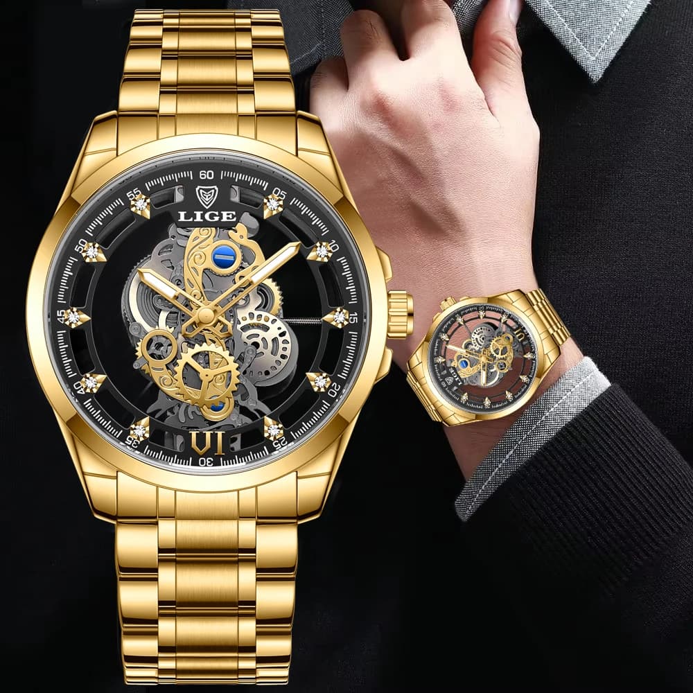 LIGE New Men Watch Skeleton Quartz Wristwatch Gold Skeleton Retro Man Watch Top Brand Luxury Clock Mens Watches Reloj Hombre