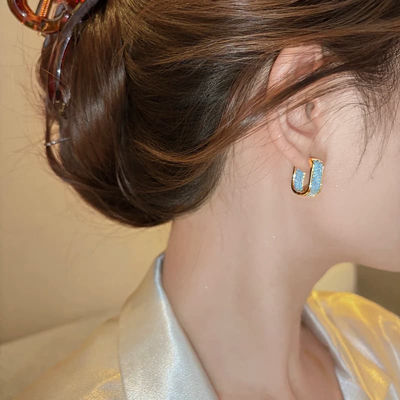 2025 New Plated 18K Gold Color Geometric U-shaped Ear buckle Luxury Blue Crystal Inlaid Earrings For Women's Trendy Jewelry Set - 4