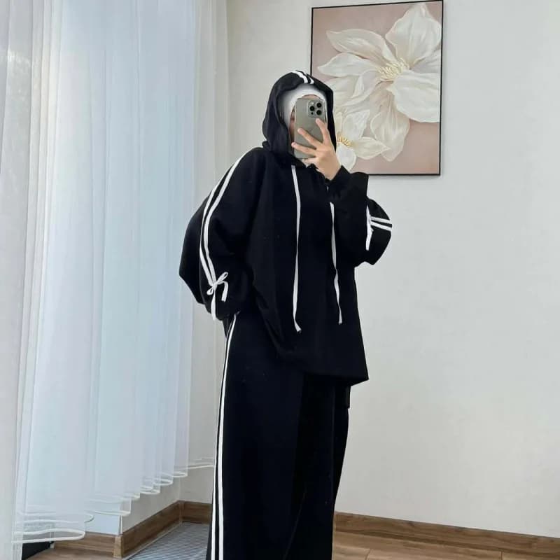 Muslim Suit Women Hoodie Top Wide Leg Pants 2 Piece Set Trousers Hooded sweatshirt Ensemble Sporty Stripe Outfits Tracksuit - 5