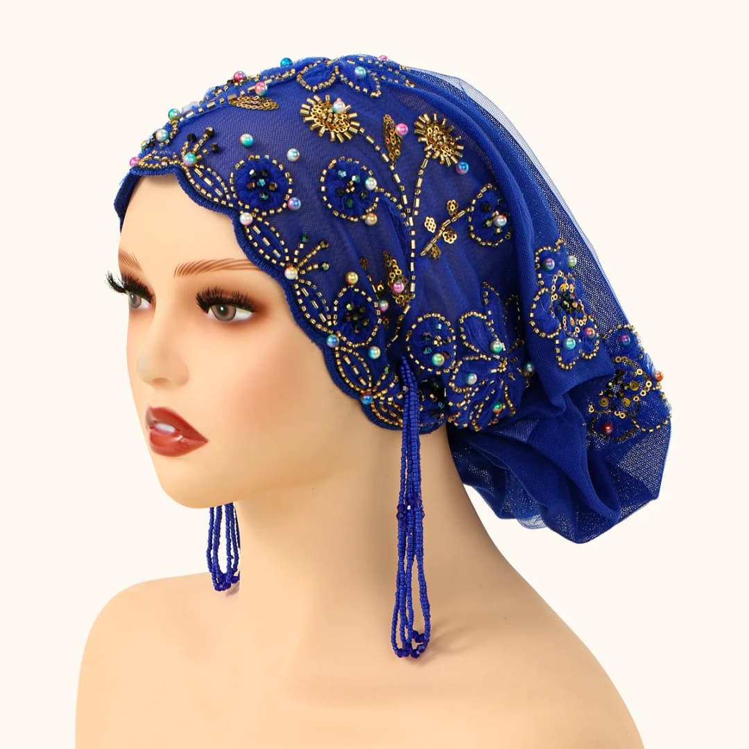Muslim Lace Pearls Hat Caps Mesh Fabric Bead Tube Paired With An Acrylic Diamond Thread Embroidered Hat For Dubai Arabian Women