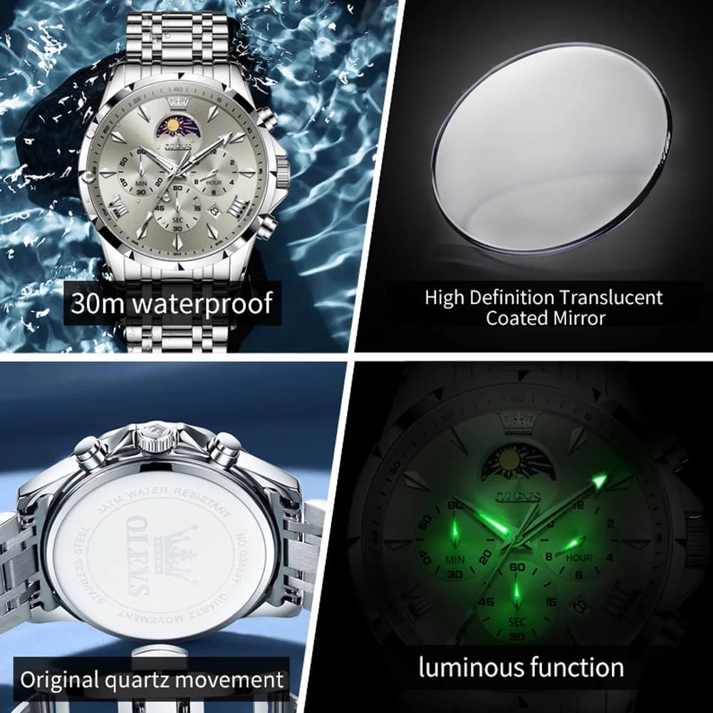 OLEVS 3653 Mens Watch Quartz Watch Multifunctional Chronograph Watch For Men 30M Waterproof Luminous Moon Phase Box Original - 4