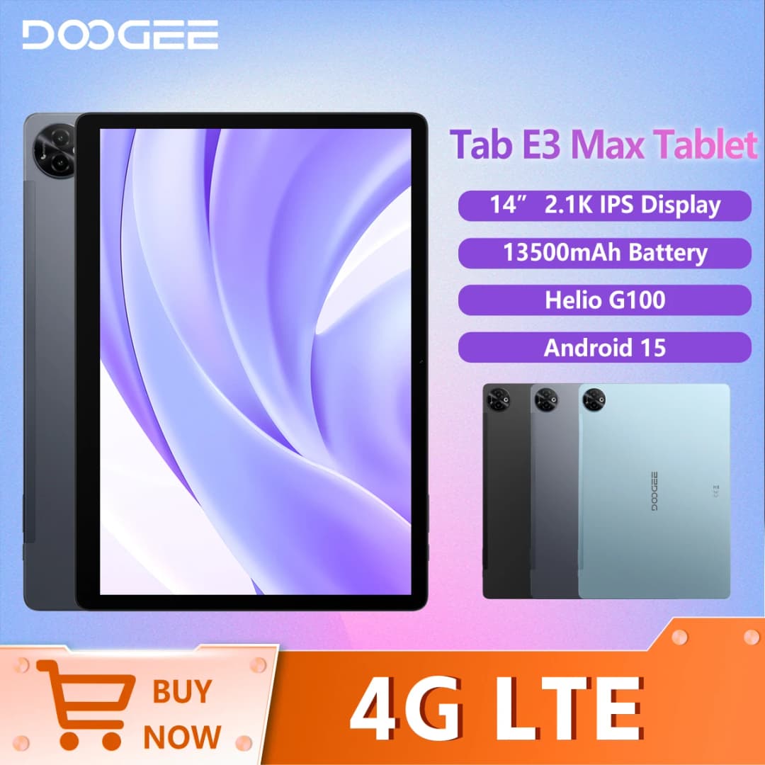 جهاز لوحي DOOGEE Tab E3 Max، نظام أندرويد 15، معالج Gemini AI، مكبرات صوت رباعية، شاشة 14 بوصة بدقة 2.1K، ذاكرة وصول عشوائي 8 جيجابايت، سعة تخزين 256 جيجابايت، بطارية كبيرة 13500 مللي أمبير في الساعة