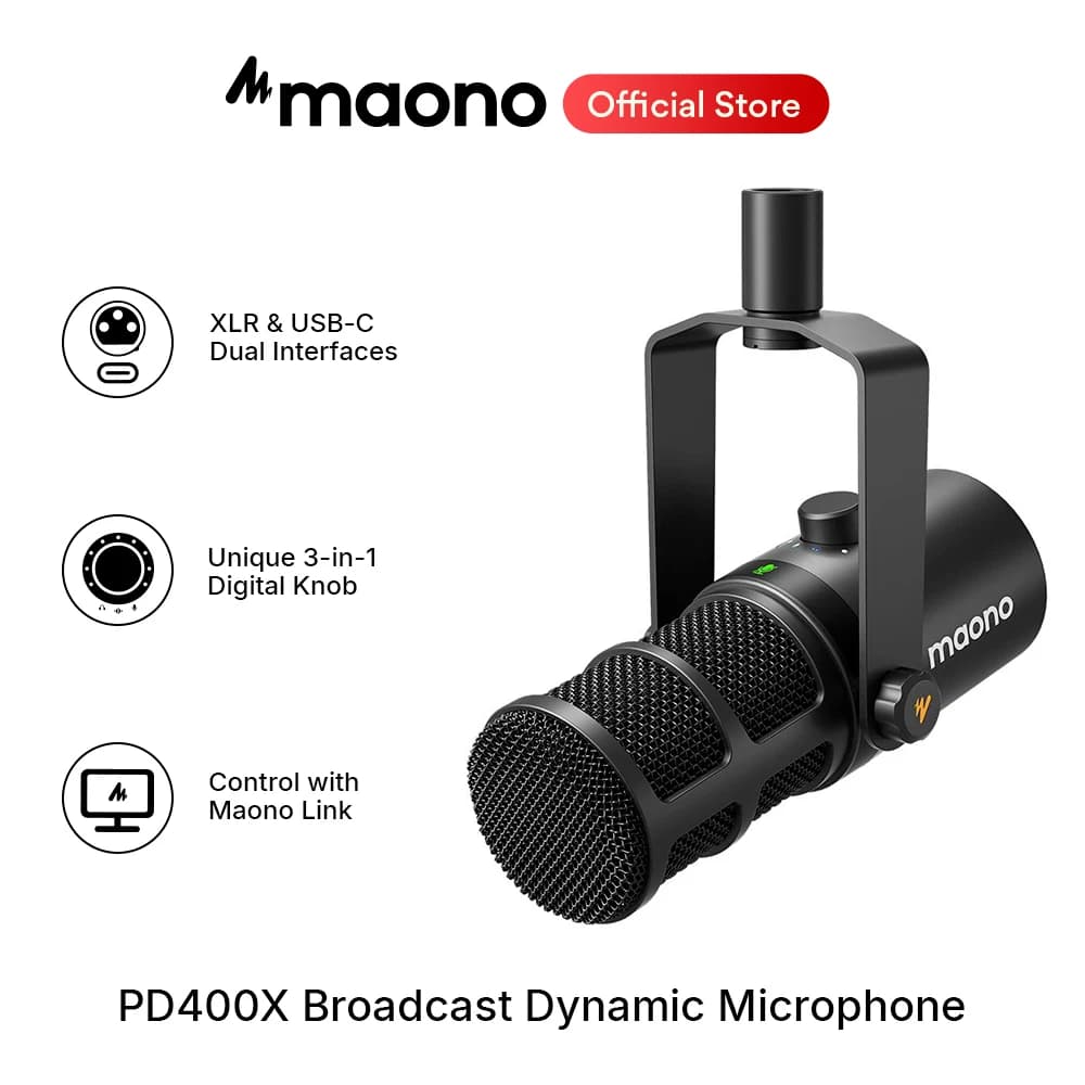 ماونو PD400X ميكروفون ديناميكي USB/XLR معدني بالكامل مع كتم صوت بلمسة واحدة ومنفذ سماعات رأس وتحكم في مستوى الصوت للبث الصوتي