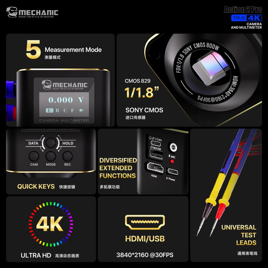 كاميرا صناعية MECHANIC OFFICIAL Action 2 Pro مع مقياس متعدد، مستشعر Sony IMX678، دقة 4K، شاشة مزدوجة، تسجيل عبر HDMI/USB، أداة إصلاح إلكترونيات - 2
