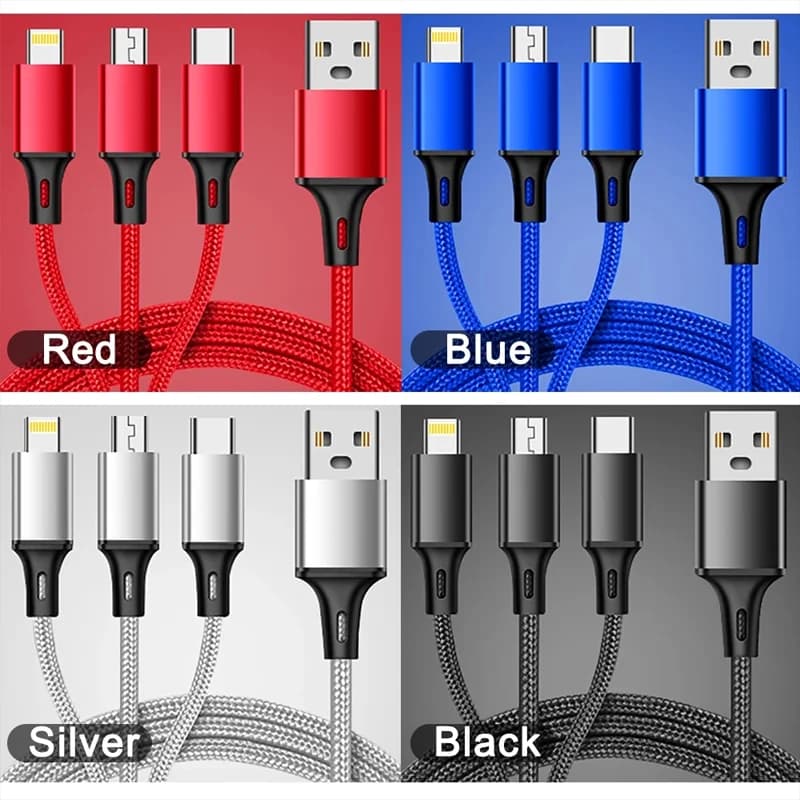 شاحن 3 في 1، كابل USB شحن سريع نوع C ومايكرو ولايتنينج، متوافق مع آيفون وهواوي وسامسونج، سلك مضفر من النايلون - 6