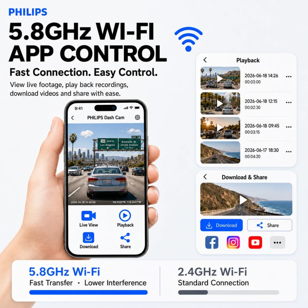 كاميرا سيارة PHILIPS Dash Cam B01 بدقة 4K+1K HDR مزدوجة أمامية وخلفية واي فاي 2.4GHz و5GHz GPS مراقبة الوقوف 24 ساعة مسجل فيديو - 6