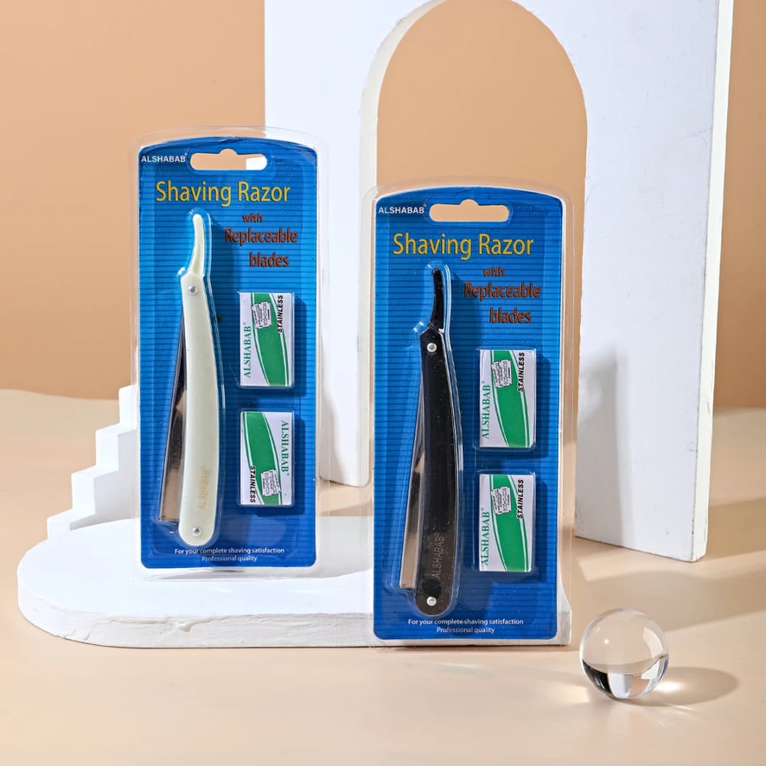 مجموعة شفرات حلاقة مستقيمة احترافية للرجال، شفرة حلاقة مزدوجة الحافة مع شفرتين، ألوان أسود وأبيض، شفرة حلاقة من الفولاذ المقاوم للصدأ - 3