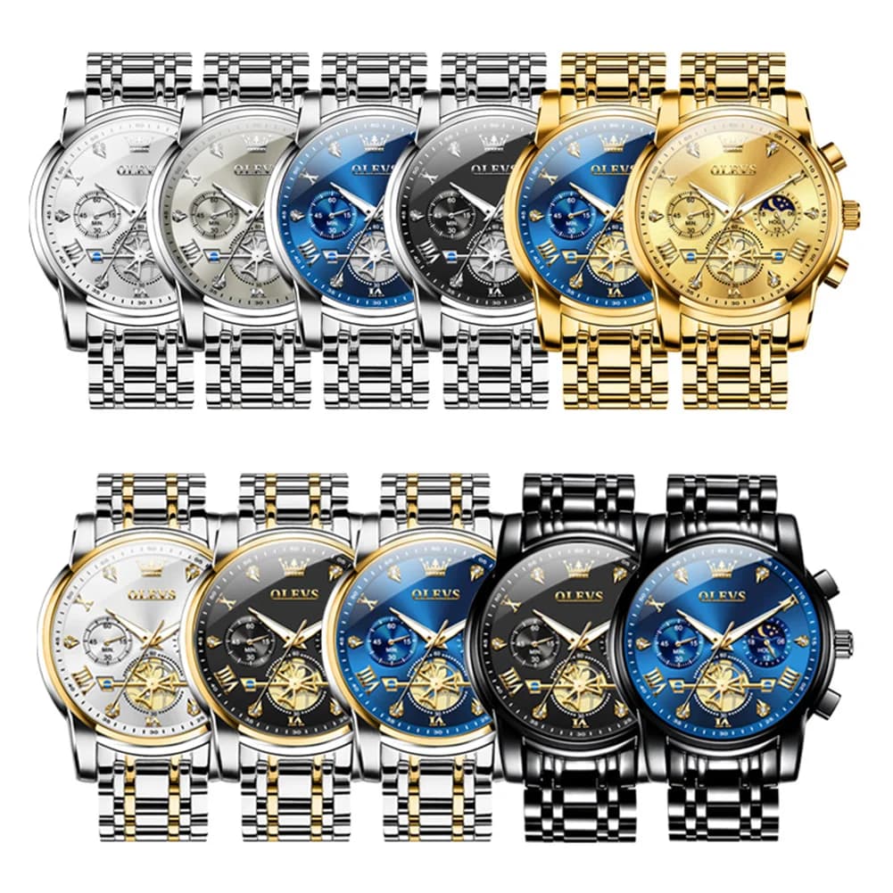 ساعة OLEVS رجالي فاخرة تصميم كلاسيكي بمقياس روماني وعجلة طائرة مرحلة القمر مقاومة للماء ساعة كوارتز أصلية 2856 - 5