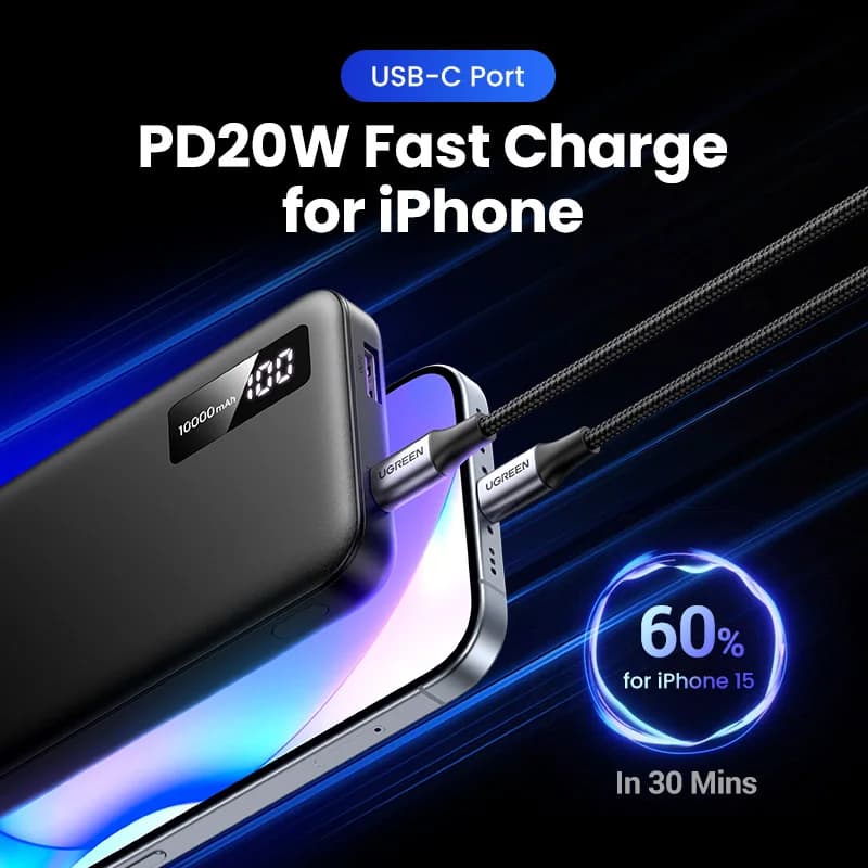 بنك طاقة UGREEN 22.5 واط شحن سريع 10000 مللي أمبير في الساعة محمول لجهاز iPhone 15 Pro Max وXiaomi وHuawei بطارية خارجية PD20W - 2