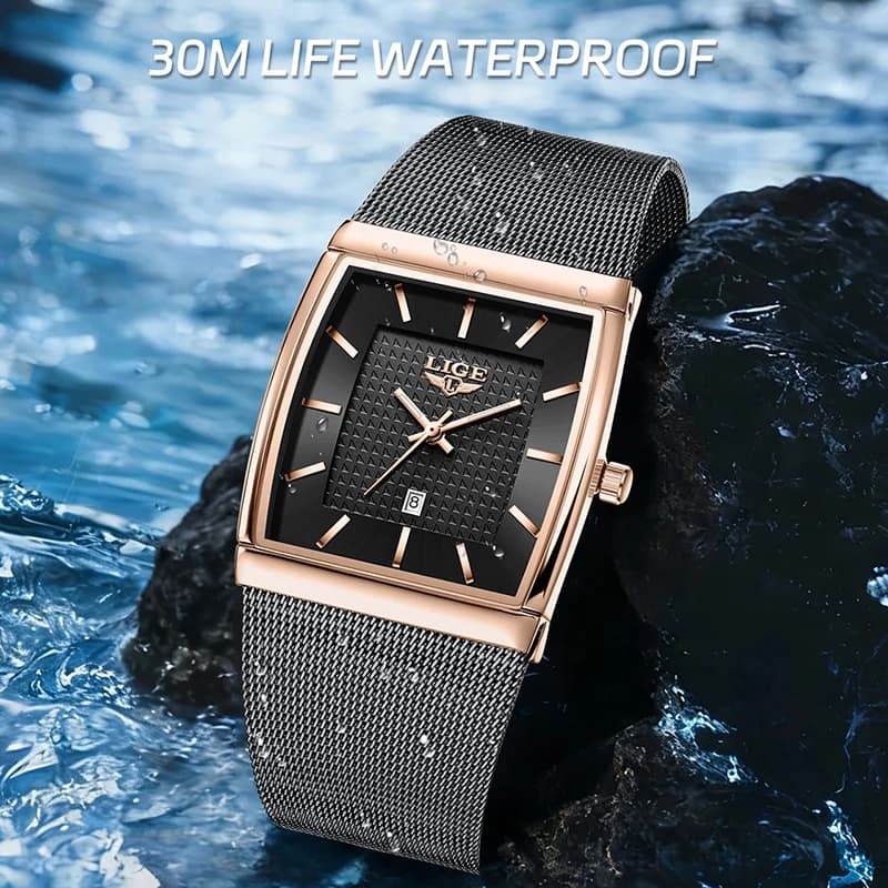LIGE New Luxury Square Watch For Men Fashion Business Rose Gold Ultra Thin Mesh Waterproof Luminous Men's Quartz Wristwatches - 4