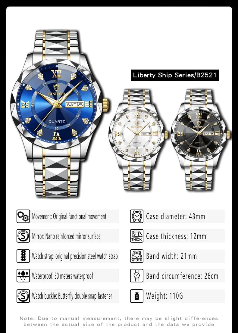 Binbang B2521 Men's Watch Waterproof Night Glow Double Calendar Watch Men's Business Quartz Watch Diamond Pointed Glass - 4