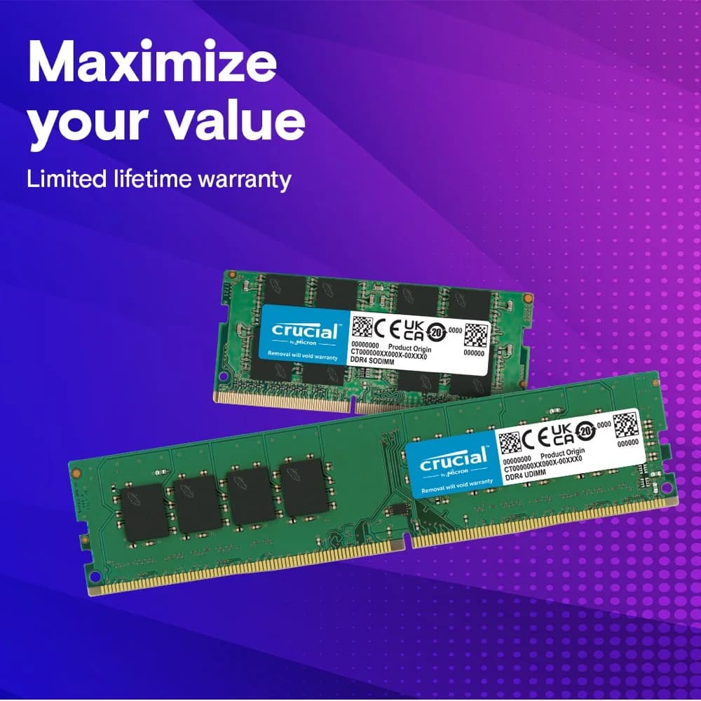 Crucial DDR4 RAM 4/8/16/32GB 2133/2400/2666/3200Mhz Desktop Memory UDIMM 288-Pin Compatible with Intel and AMD Ryzen - 5