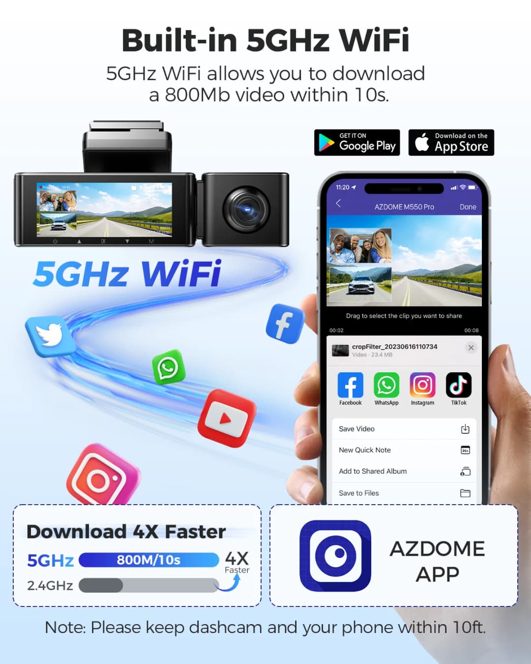 كاميرا داش AZDOME M550 Pro بدقة 4K، كاميرا أمامية للسيارة مع واي فاي 5.8 جيجاهرتز، GPS، مستشعر G، و6 مصابيح الأشعة تحت الحمراء للرؤية الليلية - 4