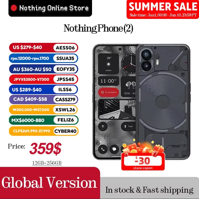 هاتف NOTHING Phone (2) بشاشة مرنة LTPO OLED مقاس 6.7 بوصة، معالج Snapdragon 8+ Gen 1، نظام Nothing OS 2.0، كاميرا خلفية مزدوجة 50 ميجابكسل، وكاميرا أمامية 32 ميجابكسل
