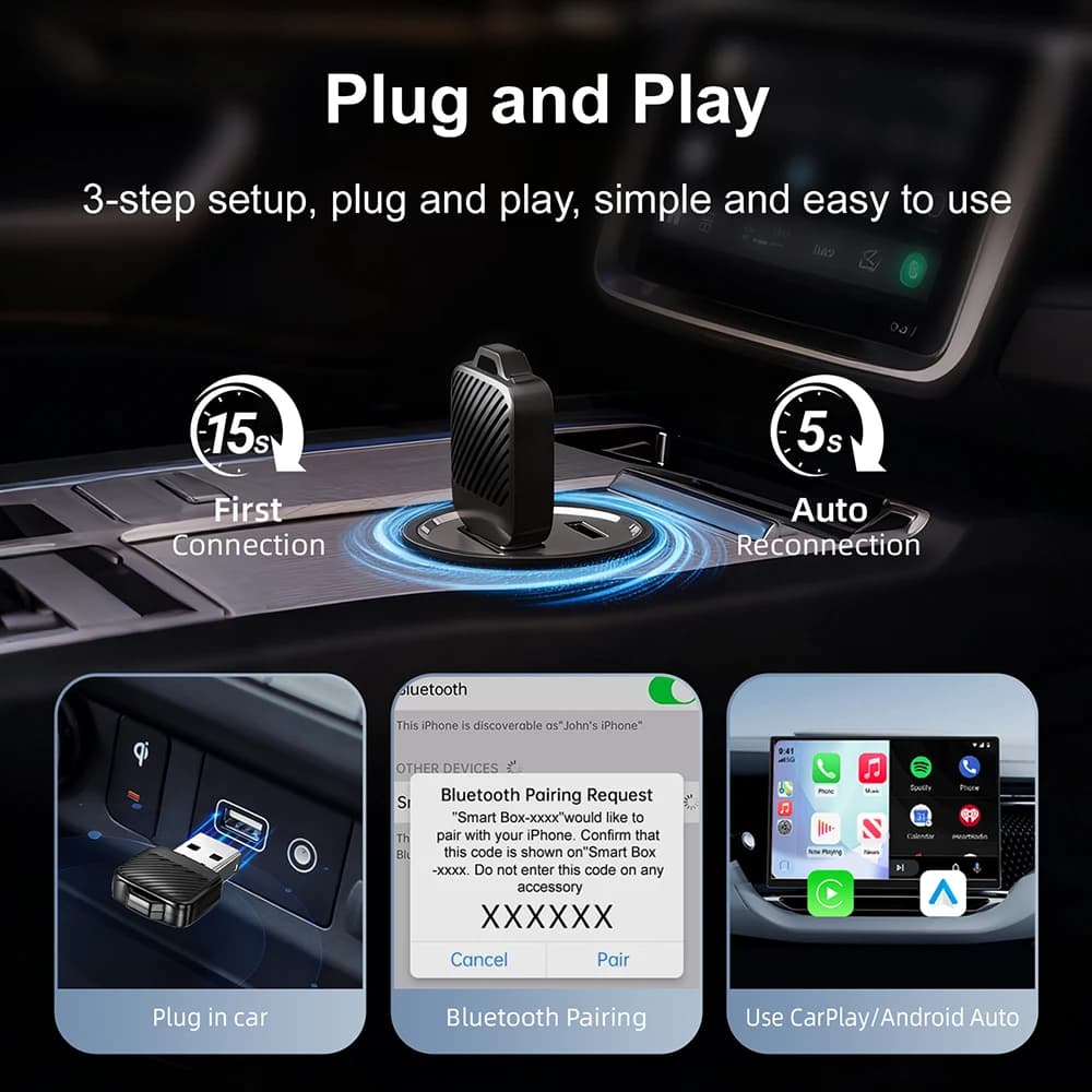 محول صغير 2 في 1، صندوق الذكاء الاصطناعي، من سلكي إلى لاسلكي Carplay وAndroid Auto، متوافق مع 99% من السيارات، تشغيل فوري، Dongle ذكي WiFi - 4