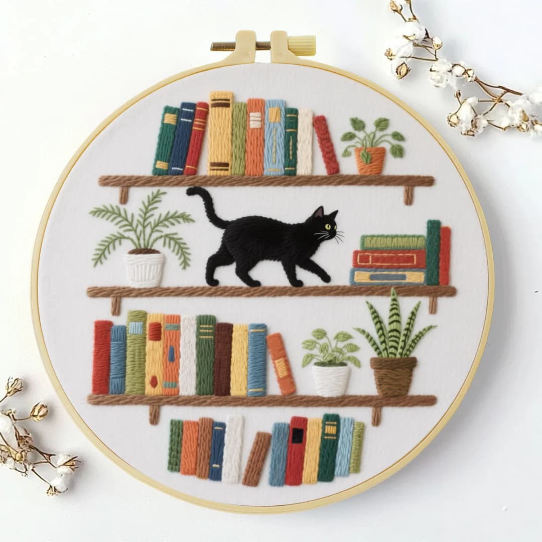 1pc 20X20CM/7.87inch The cat on the bookshelf Embroidery Starter Kit DIY kit Home Decor Needle Art Sewing Art - 2