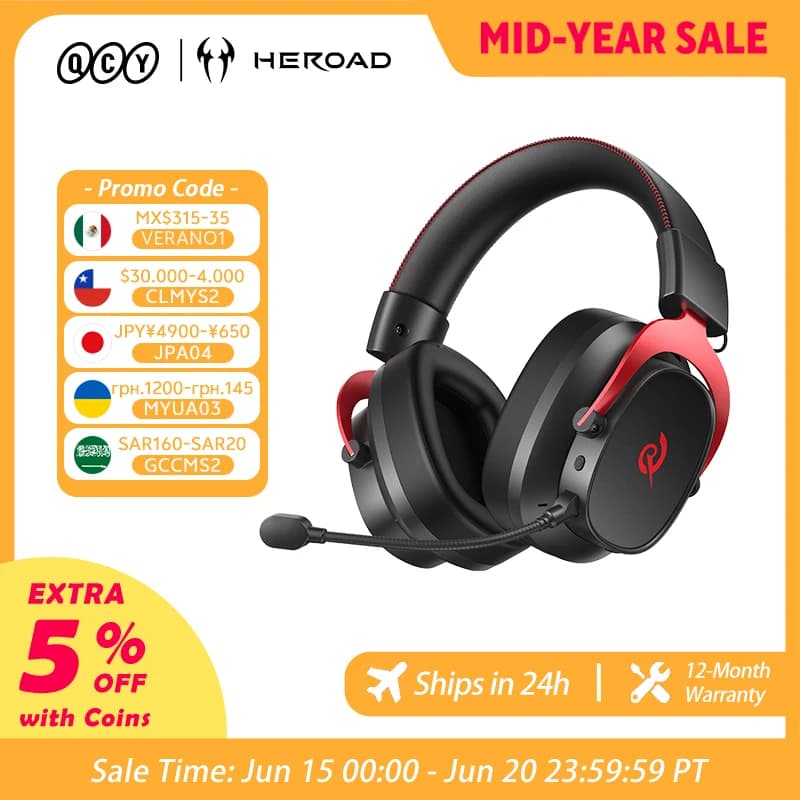 QCY Heroad VT200 Wireless Gaming Headset Detach Mic Over ear Headphone Tri-Mode 7.1 Surround Sound for PC/PS4/PS5 Headset Gamer