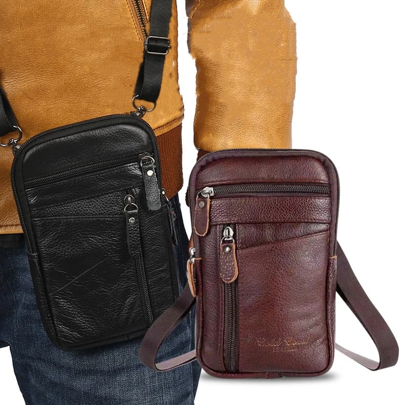 New Men's Genuine Leather Waist Packs Bag Phone Pouch Bags Men Handbag Bag Small Chest Shoulder Belt Bag Crossbody Leather Bags - 2