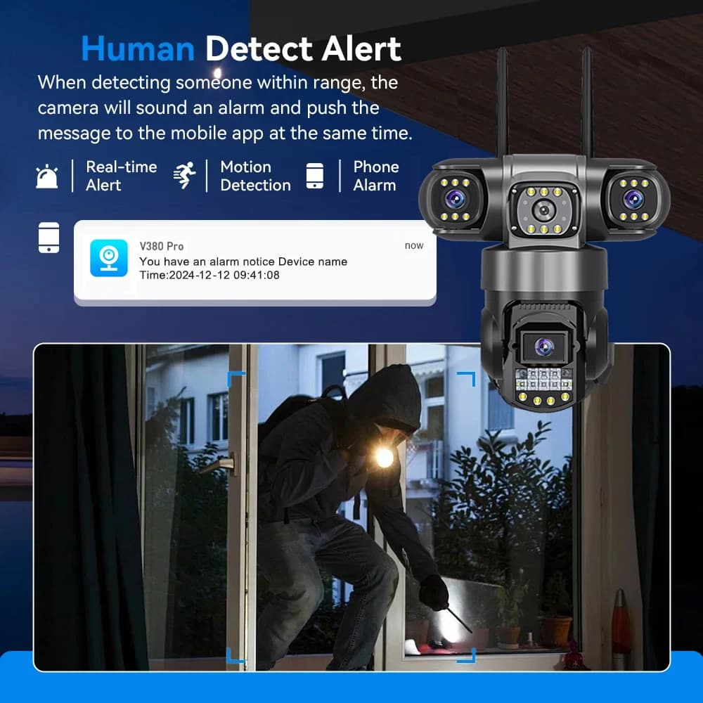 في 380 برو كاميرا IP واي فاي خارجية 12 ميجابكسل 6K عدسات ثلاثية شاشات ثلاثية مراقبة فيديو أمنية رؤية ليلية مقاومة للماء كاميرات CCTV - 4