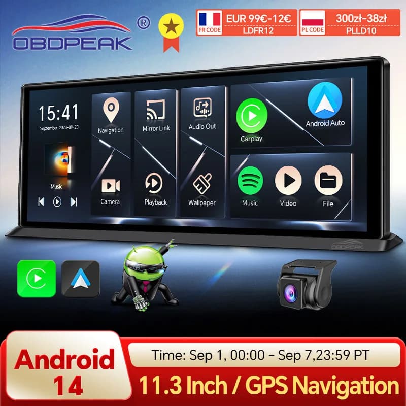 K60 Pro شاشة 11.3 بوصة، 4G + 64G، واي فاي، أندرويد 14، ذكاء اصطناعي، نظام تحديد المواقع والملاحة، Carplay، أندرويد AUTO، داش كام 1080P، مرآة رؤية خلفية، مسجل فيديو