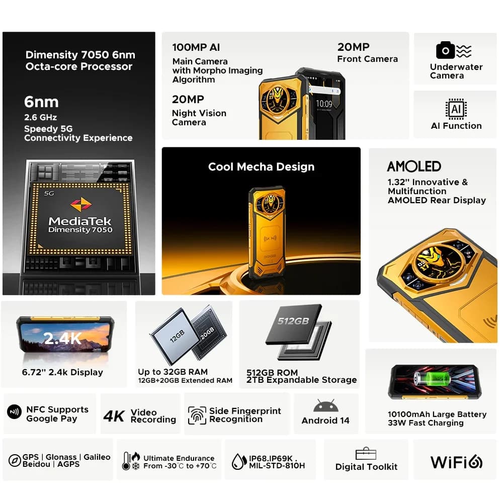 DOOGEE S200 X Rugged Phone 6.72” IPS FHD+120Hz Dimensity 7050 Telephon Portable 32GB+512GB 10100mAh Smartphone 5G Android 14 NFC - 2