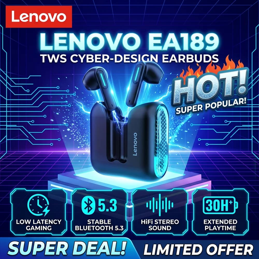 سماعات Lenovo EA189 الجديدة بلوتوث 6.0، سماعات أذن لاسلكية حقيقية، سماعات أذن داخلية، سماعات رأس ذات تأخير منخفض للألعاب، عمر طويل