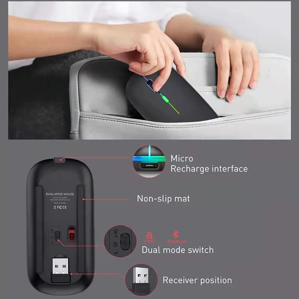 Bluetooth 2.4G USB Wireless Mouse Ergonomic Silent Gaming Mouse Portable Rechargeable RGB Backlight Mouse For Computer Laptop PC - 6