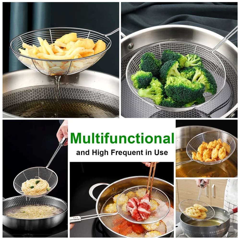 ملعقة شبكة دقيقة من الفولاذ المقاوم للصدأ ملعقة متعددة الوظائف مصفاة عنكبوت بمقبض طويل للطهي والقلي وتصفية النودلز - 4