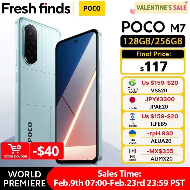 هاتف POCO M7 نسخة عالمية 128 جيجا بايت 256 جيجا بايت سناب دراجون 685 بطارية 7000 مللي أمبير كاميرا 50 ميجابكسل شاشة غامرة 6.9 بوصة 144 هرتز FHD+ شحن 33 واط