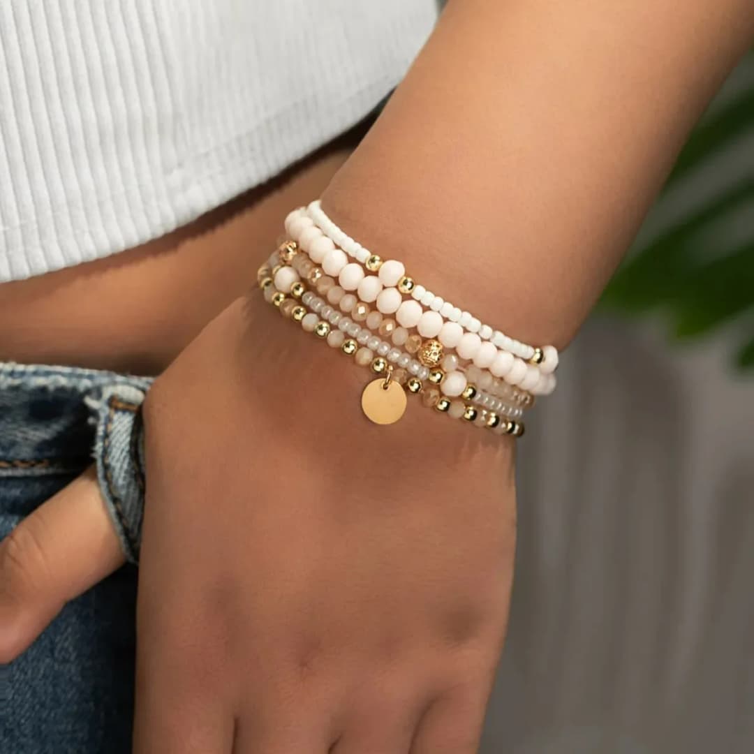 5Pcs/Set Charm Resin Beaded Fashion Bracelet Set for Women Round Piece Elastic Bead Chain Bangle Wrist Strap Vacation Jewelry