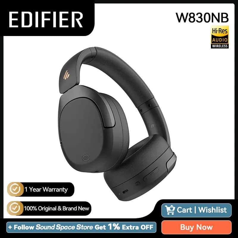 Edifier W830NB Wireless Headphones Bluetooth 5.4 Active Noise Cancelling Hi-Res Over-Ear Headset LDAC Foldable -45dB ANC 94H