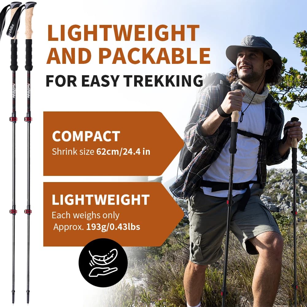 Naturehike Trekking Poles 2pcs Carbon Fiber Collapsible Telescopic Sticks Lightweight Walking Hiking Stick Climbing Stick - 2