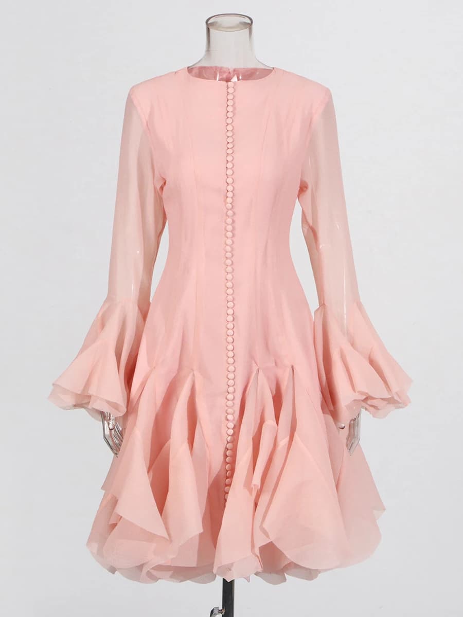 TWOTWINSTYLE Women's Dress Irregular Pleated Patchwork Fashion Long Lantern Sleeve Waist Cinching Mini Dresses 2024 New Clothing - 4