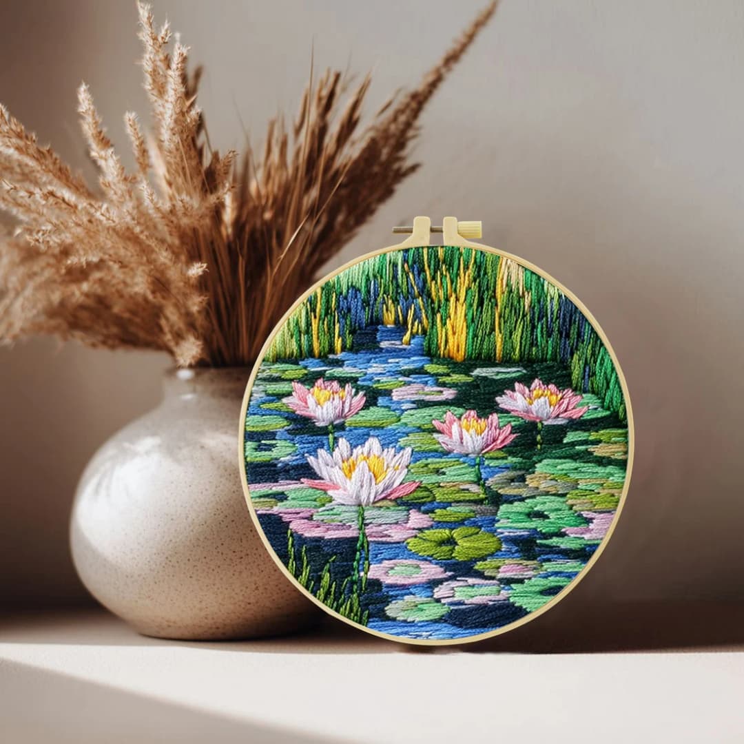 1pc 20X20CM/15X15CM Lotus Pond Embroidery Starter Kit DIY Cross Stitch Sewing Art for Gift - 2