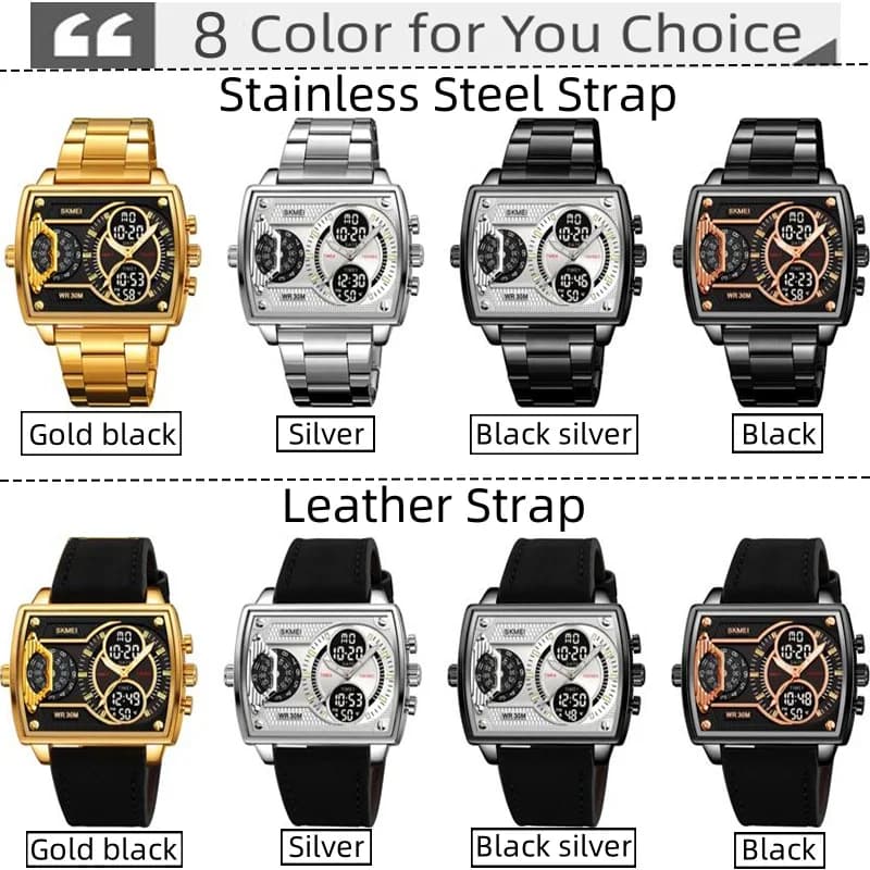 سكيمي ساعات رياضية رجالية متعددة المناطق الزمنية موضة عرض رقمي تناظري مقاومة للماء ساعة كوارتز معصم ليد كرونو منبه - 6