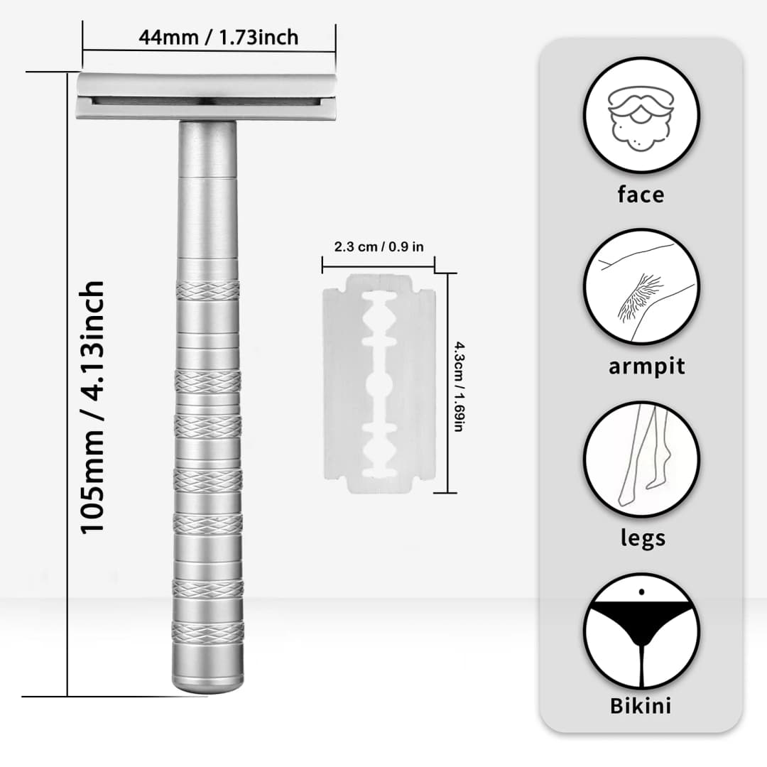 شفرة حلاقة مزدوجة الحافة مع 5 شفرات احتياطية دقيقة بزاوية 30 درجة قابلة لإعادة الاستخدام للرجال والنساء - 2