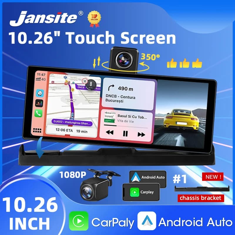 10.26 بوصة 4K Dash Cam Carplay Android Auto GPS 5G WIFI FM BT Car Dvr 350 °   مسجل محرك كاميرا شاحنة داشكام بعدسة مزدوجة الدوران