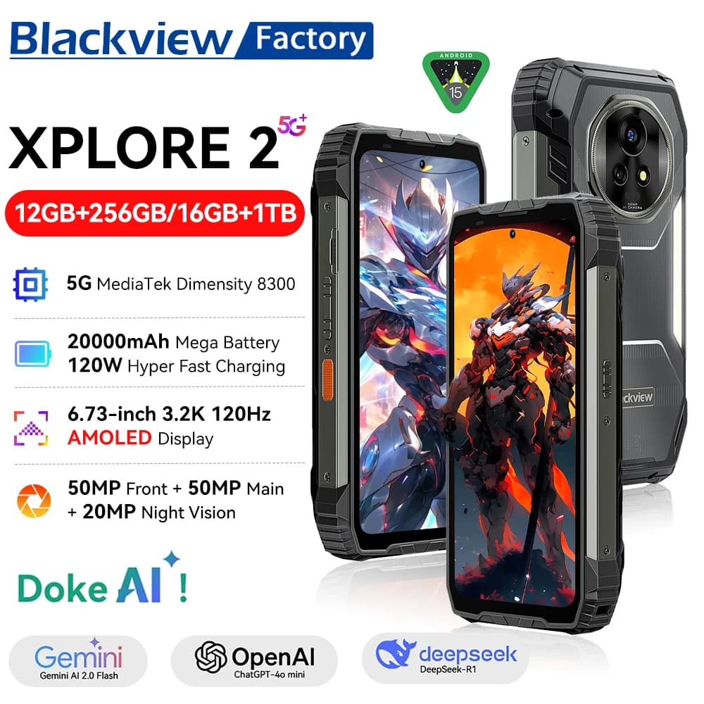 2025 Blackview XPLORE 2 Rugged Phone 6.73” 3.2K AMOLED Display Telephone Portabl 12GB+1TB 20000mAh Smartphone 5G Android 15 NFC