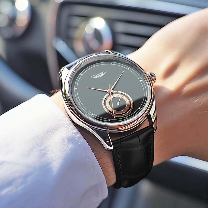 ساعات كوارتز تناظرية جلد أسود موضة رجالية هدية يومية لعيد الحب هدية تخرج للمدرسة - 4